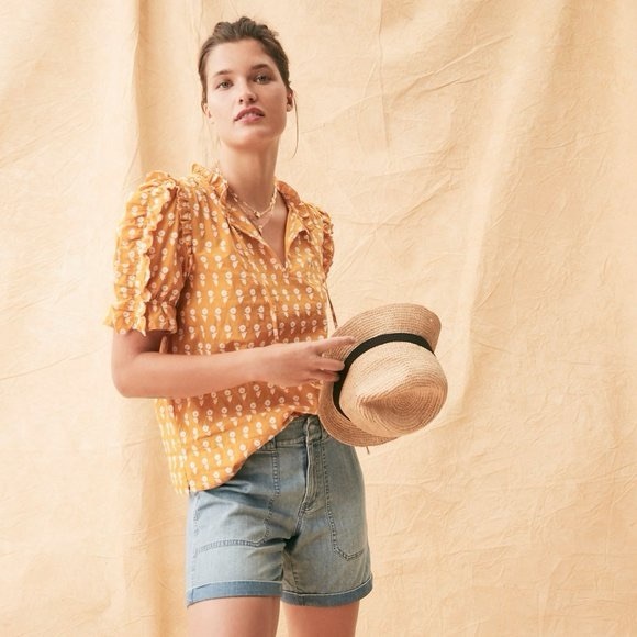 NWT JCrew ruffle sleeve cotton flower top, mustard - Picture 2 of 12